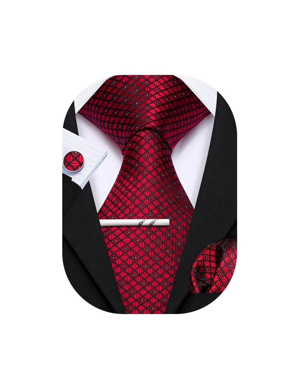 9713 Burgundy Tie with Tie Clip Plaid Silk Necktie Pocket Square Cufflinks